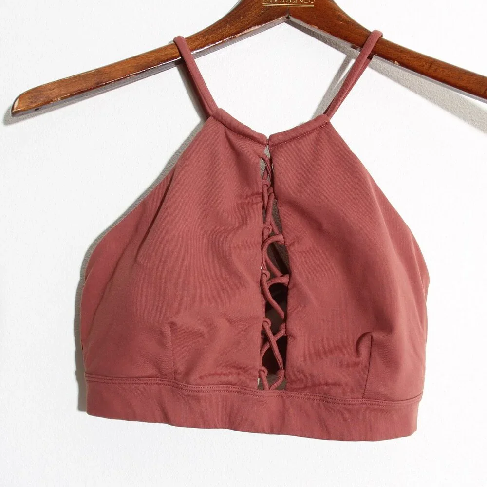 ALO Yoga Starlet Lace Up Front Bra Halter High Neck Earth Strappy Size Small